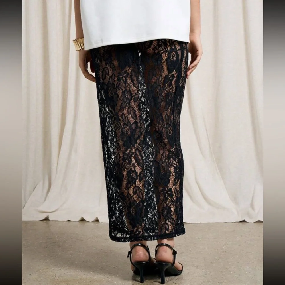 Black lace mesh sheer midi skirt - Picture 3 of 3